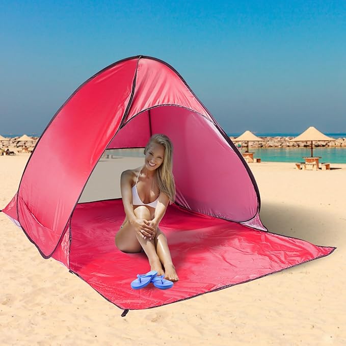 Pop Up Beach Tent Sun Shade Shelter Anti-UV Automatic Beach Tent Canopy for 2-3 People with Net Window Carry Bag for Park Camping (Red)