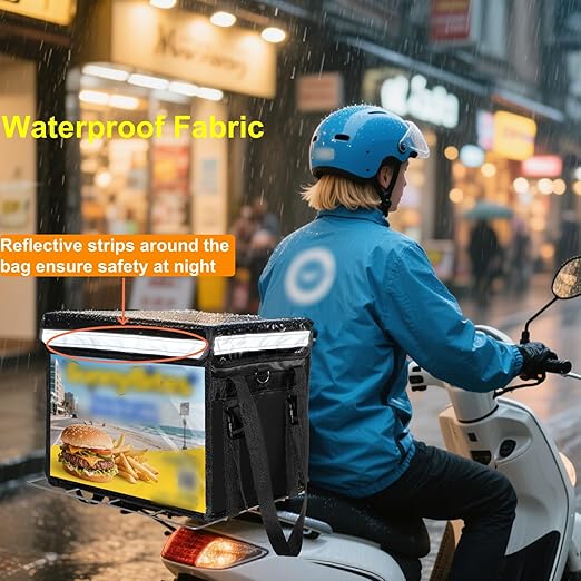 DEAYOU Insulated Food Delivery Bag for Bike Pizza Delivery Bag with Divider and Rear Rack Waterproof Thermal Catering Bag for Scooter Motorcycle 17.3x12.6x13.4 48L Fit 12'' Pizza Box Foldable
