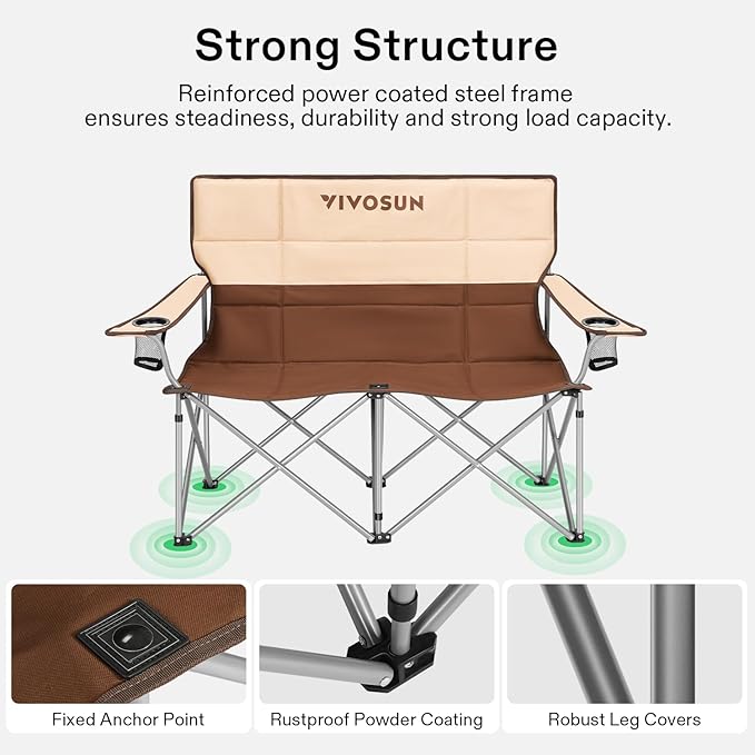 VIVOSUN [outlets] Double Camping Chair Fully Padded Folding Loveseat Portable Oversized Duo Chair with Storage Cup Holders Height-Adjustable Armrests &amp Carry Bag Supports up to 500lbs