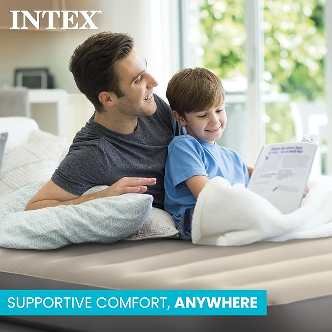 Intex Dura Beam Plus Prime Comfort Fiber-Tech Elevated Technology Home Air Mattress Bed with Electric Built-In Pump Queen