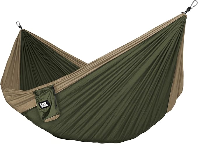 Fox Outfitters Neolite Double Camping Hammock - Lightweight Portable Nylon Parachute Hammock for Backpacking Travel Beach Yard. Hammock Straps &amp Steel Carabiners Included (Khaki/Olive Green)