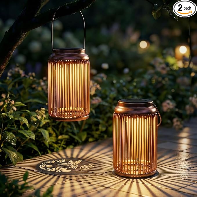 Solar Lanterns Outdoor Waterproof 2 Pack Hanging Rattan Solar Lights with Hummingbird Projection Garden Decor for Yard Patio Porch Gifts for Women Mom Grandma