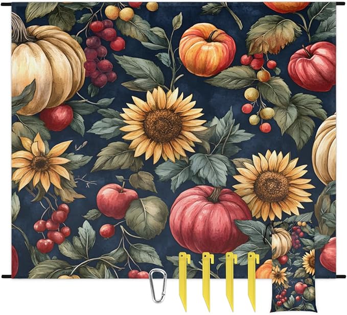 Waterproof Sandproof Beach Blanket 59''×68'' Sunflower Pumpkin Polyester Outdoor Picnic Blanket with 4 Stakes &amp Storage Bag for BeachCampingVacation Food