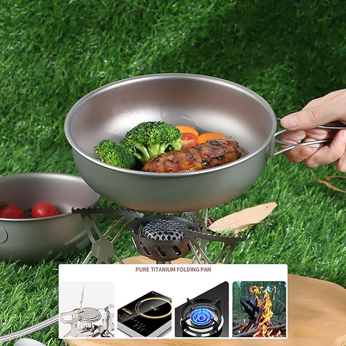 Camping Frying Pan Ultralight Titanium Outdoor Cookware for Hiking Backpacking Portable Folding Handle Mess Kit Skillet (700ml/1200ml)