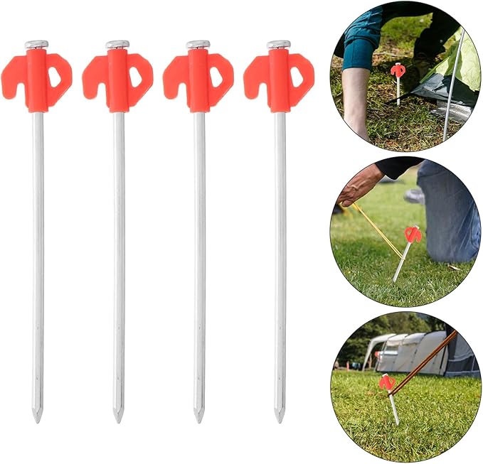 Luxshiny 20pcs Heavy Duty Orange Metal Tent Stakes with Glow Head Windproof Ground Pegs Hook Set for Outdoor Camping and Hiking Shelter Anchors