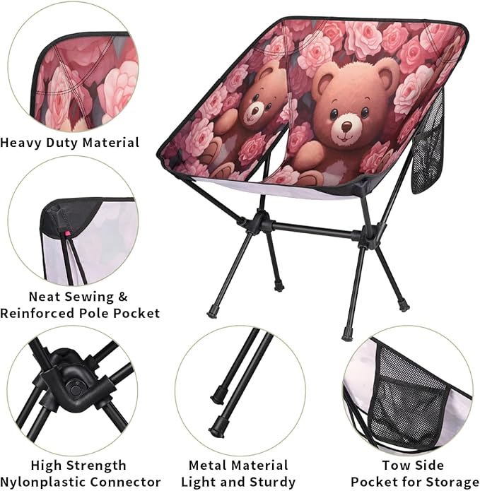 Bear Print Pattern Camping Chair Lightweight Portable Chairs for Adults Easy Installation Outdoor Foldable Camping Chair for Camping Fishing Hiking Picnic Beach