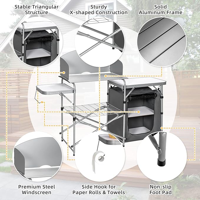 GYMAX Aluminum Portable Camping Kitchen Folding Cooking Table with 26 Tabletop Detachable Windscreen &amp Carrying Bag Outdoor Grill Table for BBQ Backyards