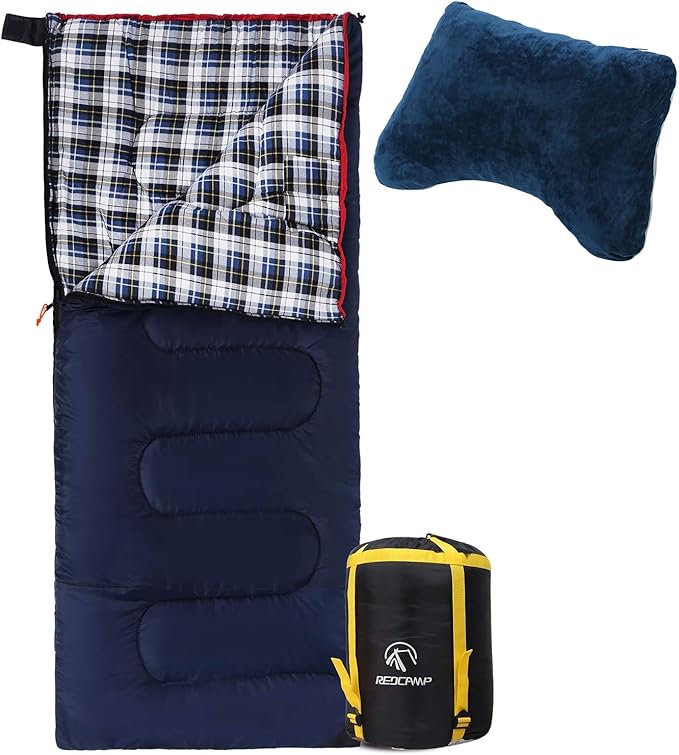 REDCAMP Outdoors Cotton Flannel Sleeping Bag for Camping 3-Season Trip Warm Envelope Sleeping BagsNavy Blue with 2lbs Filling＋Memory Foam Camping Pillow for Sleeping Lightweight and Compressible