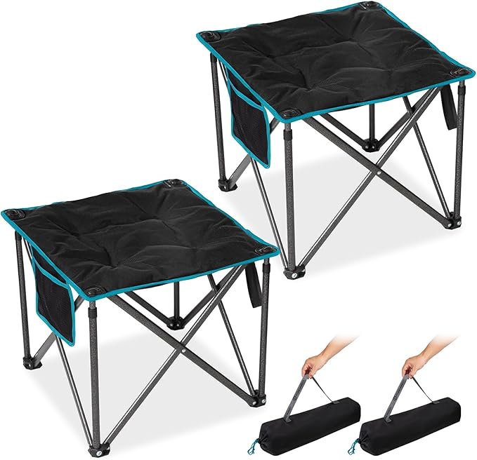 FUNDANGO Oversized Camping Stool for adults 2 Pack Thick Padded 18.1 Inch Folding Ottoman Foot Rest 440 Lbs Heavy Duty Outdoor Camp Chairs with Anti-Slip Foots &amp Carry Bag for Fishing Travel (Bl