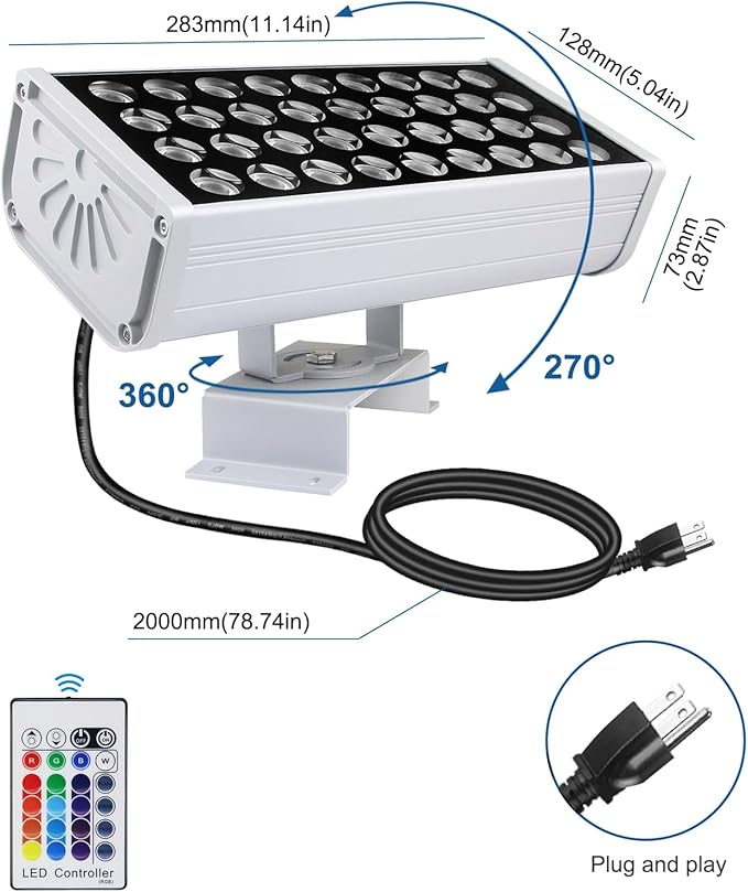 LED Wall Washer Lights RGBW 6000K Color Changing with RF Remote Dimmable 144W Flood Lights for Church Bridge Hotel Yard Party Wedding Building Wall Decorations（Black or Sand Silver）