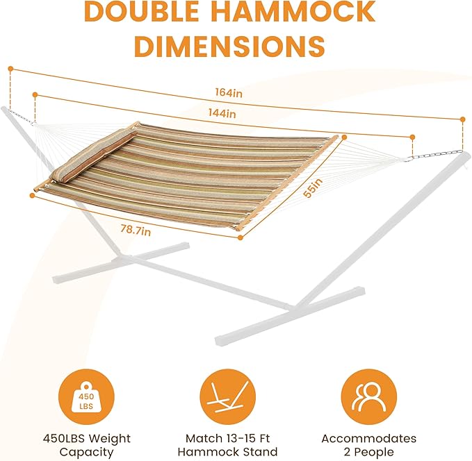 Lazy Daze Hammocks 12 FT Quilted Fabric Double Hammock with Spreader Bars and Detachable Pillow 450lbs Weight Capacity Brown Stripe