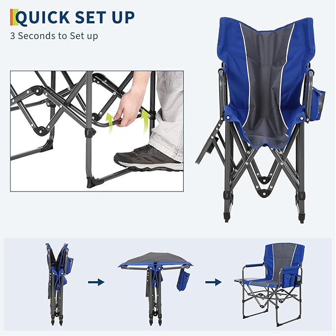 2 Pack Directors Camping Chairs with Side Table &amp Pocket Heavy Duty 400LB Capacity Portable Folding Chairs for Adults Outdoor Lawn Beach Chair for Camping Sports Backyard (Navy &amp Grey)