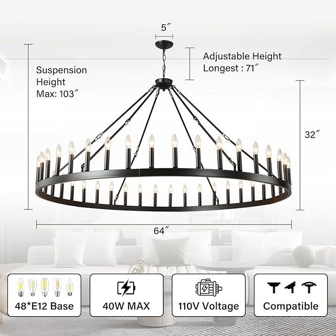 64 Inch Extra Large Black Wagon Wheel Chandelier 42-Light Farmhouse Wagon Wheel Chandeliers Round Industrial Ceiling Light fixtures for Outdoor Porch high Ceilings Living Dining Room Foyer Entryway