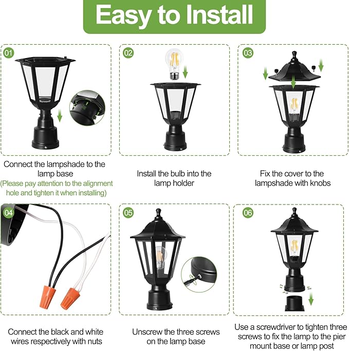FUDESY Outdoor Post Light Exterior Lamp Post Light Fixture with Pier Mount Base Waterproof Pole Lantern Lighting with E26 Socket Matte Black Plastic Lamp for Garden Patio Pathway(Bulb Included)