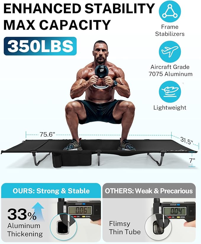 Gonex 31.5 Extra Wide Camping Cot with Premium Pillow Pocket Supports 350lbs Portable Ultralight Folding Cot Bed for Adults Travel Beach Home Sleeping (Black)