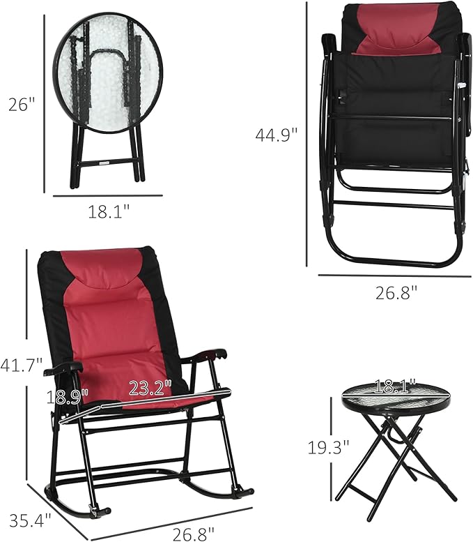 Outsunny 3 Piece Outdoor Patio Furniture Set with Glass Coffee Table &amp 2 Folding Padded Rocking Chairs Bistro Style for Porch Camping Balcony Red