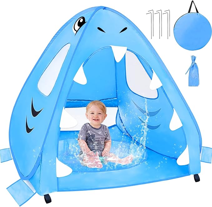 [ Extra High ] Shark Baby Beach Tent with Pool Pop Up Kiddie Pool Tents Baby Beach Essentials UPF 50+ UV Protection 4 Sand Pockets 3 Mesh Windows Sun Beach Shade Tent for Toddler Aged 3-60 Months
