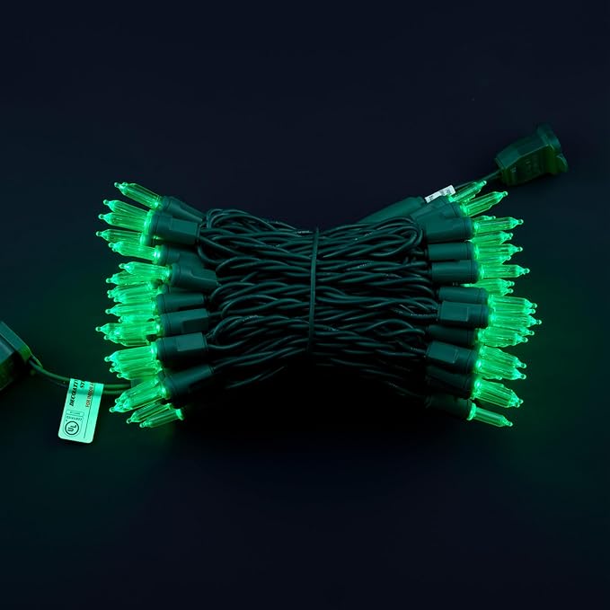 100 Green One-Piece LED Christmas Lights 33 ft Green Cord High Waterproof UL Certified T5 Outdoor String Lights