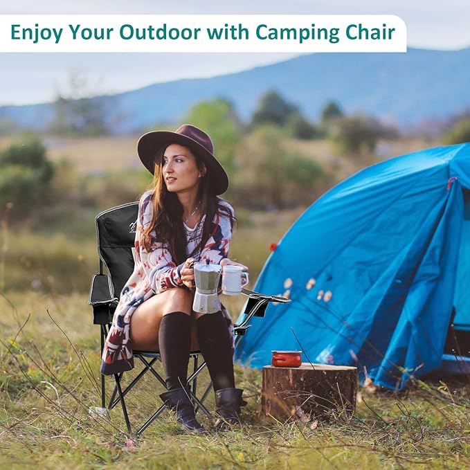 Outdoor Folding Camping Chair with Cup Holder Storage Bag Large Anti-Sink Feet 400lbs Capacity 2 Pack Breathable Mesh Portable Chair for Camping Beach Fishing Sports Black 2Pack