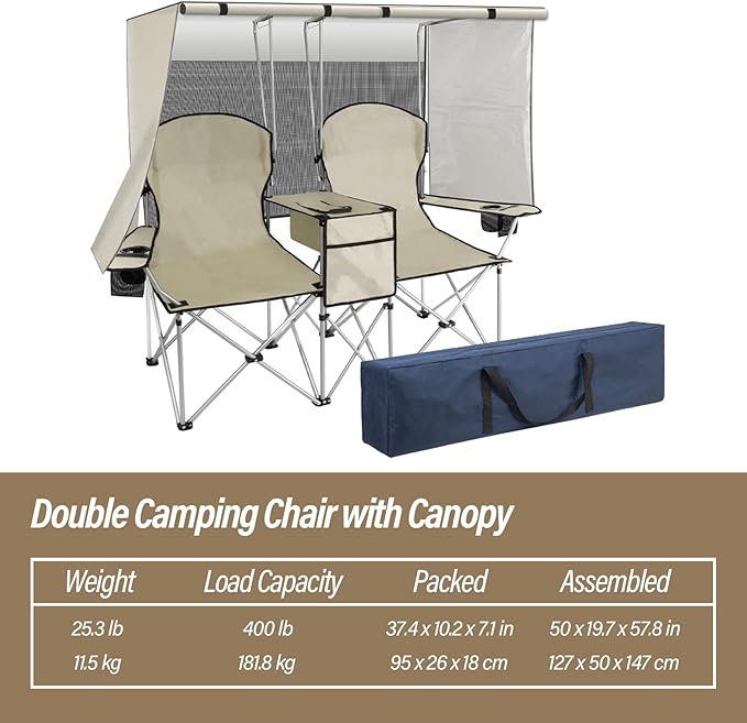 BDL Double Camping Chair with Canopy Two Person Folding Loveseat with Shade Heavy Duty Beach Chair with Cooler Bag Cup Holder for Outside Fishing Sports Beach-White