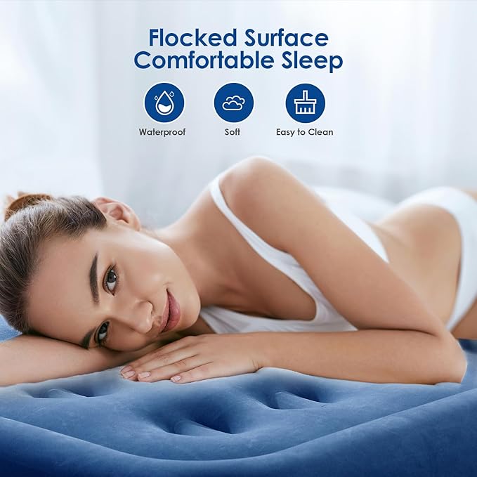 MoKo Air Mattress Queen with Built in Pump 18'' Luxury Inflatable Mattress 3 Min Fast Blow up Mattress with Dual-Chamber Comfort Top - Velvety Air Bed for Home Camping Travel Guests White/Blue