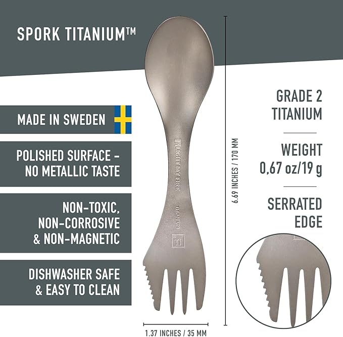 Light My Fire Titanium Spork Camping Spoon Fork Knife Combo Reusable Travel &amp Camping Utensils Durable Non-Toxic BPA Free Outdoor Backpacking Hiking Picnic Utensil - 1 Metal Spork
