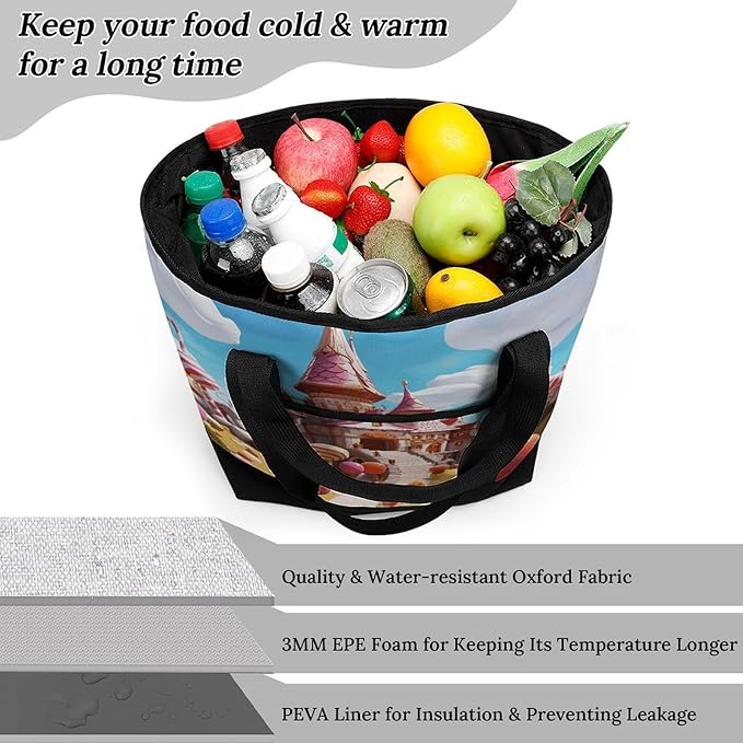 Insulated Shopping BagLarge Reusable Cooler Bags Candy Land Printed Foldable Shopping BagTravel Waterproof Shoulder Bag