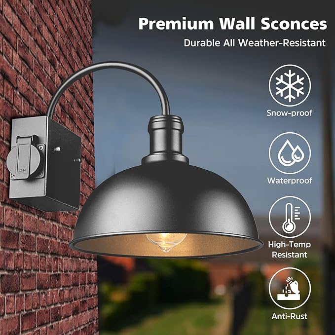 2-Pack Outdoor Wall Sconces Exterior Farmhouse Gooseneck Barn Light Vintage Matte Black Outside Wall Lighting Fixture Anti-Rust Waterproof Outdoor Light for House Porch Garage Entryway