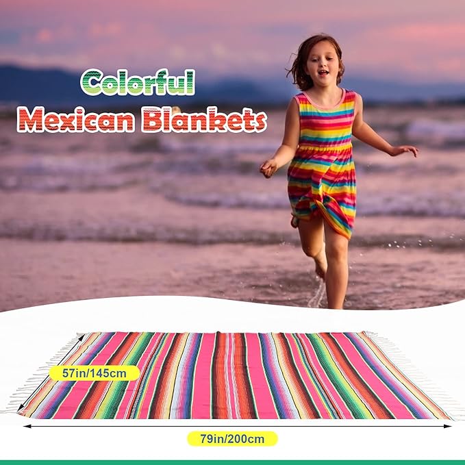 Tudomro 4 PCS Large Authentic Mexican Blankets Colorful Mexican Striped Throw Blankets Serape Fiesta Beach Fringe Yoga for Home Office Camping Picnic (Bright)
