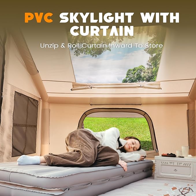 Inflatable Tent with Skylight Quick Setup Blow Up Tents with Pump Hot Tent with Stove Jack Waterproof Oxford Inflatable House for Camping Air Glamping Tents for Camping Adult 4-6 Person