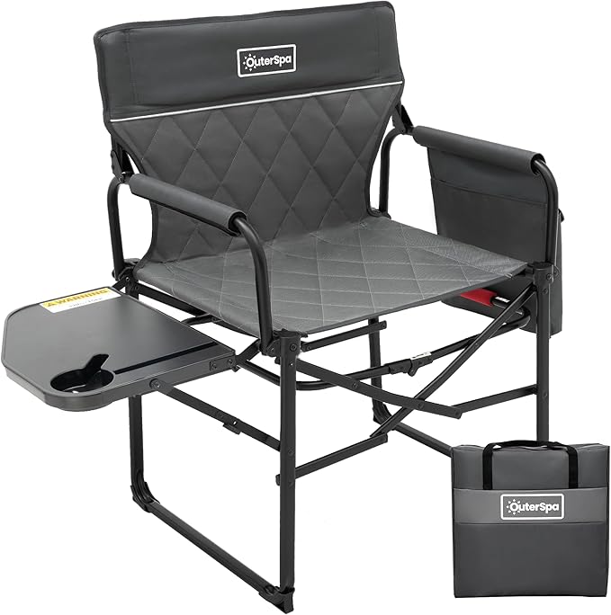 Oversized Directors Chairs Heavy Duty Folding Outdoor Chairs with Detachable Side Pocket and Adjustable Side Table for OutsideLawnFishing Folding Camping Chair up to 350Lbs Capacity (Grey)