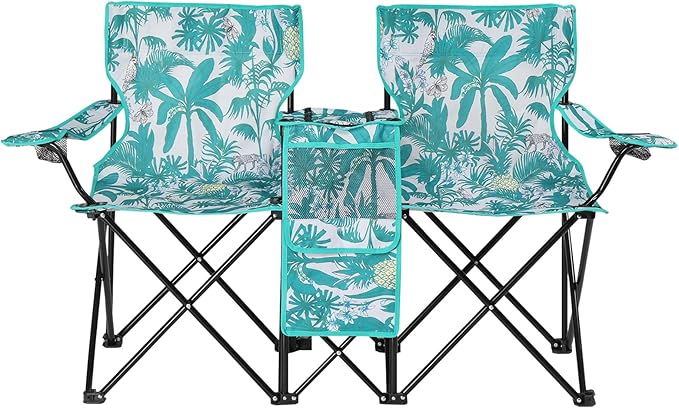Double Camping Chairs with Umbrella Portable 2 Seat Folding Camp Chair with Cooler Bag Beverage Holder Carrying Bag Foldable Lawn Chair for Outside Picnic BeachPineapple