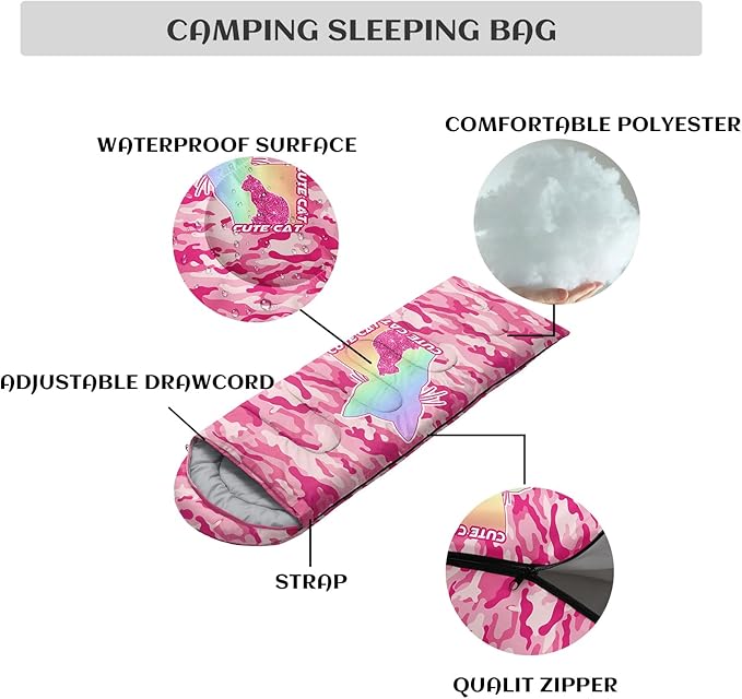 Sleeping Bags for Adults Youth Kids3D Printing Camping Sleeping Bag for Girls Boys Lightweight Waterproof Cold/Warm Weather Sleeping Bag for 3 Seasons
