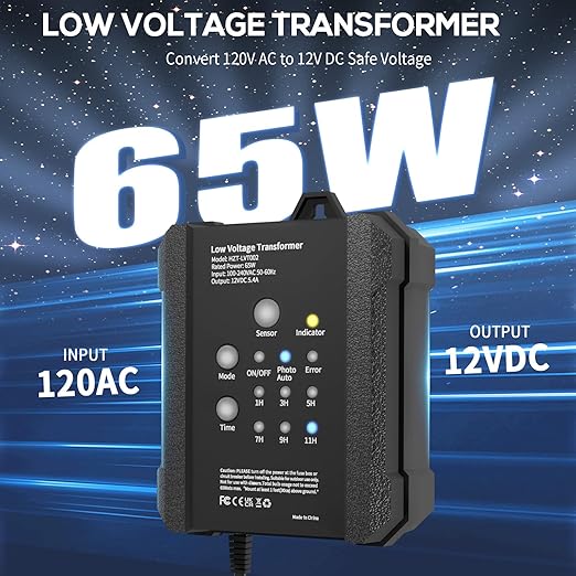 65W Outdoor Low Voltage Transformer Outdoor Landscape Lighting Transformer with Timer and Photocell Sensor 120V AC to 12V DC Weatherproof for Deck Lights Spotlight Pathway Light