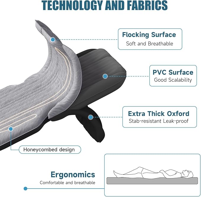 Inflatable SUV Air Mattress: Double-Sided Flocking Car Mattresses for Back SUV Travel Camping Sleeping Bed with Air Pump 2 Pillows