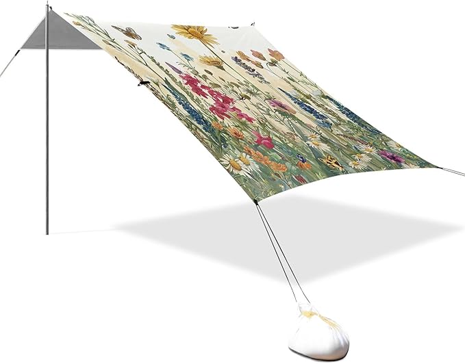 Wildflowers Field Beach Tent Sun Shelter 9.2' x 10.5' Beach Canopy with 4 Sandbags 4 Stability Poles Sand Shovels - Tent Canopy for Beach Camping Fishing Picnics