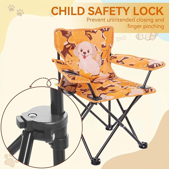 Padded Kids Camping Chair Folding Toddler Chair with Cup Holder &amp Safety Lock Portable Kids Beach Chair Ages 3-6 for Outdoor Camping Foldable Kids Chair Support 120lbsOrange Dog