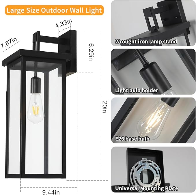 20 Large Exterior Lighting Fixtures Modern Wall LanternOutdoor Wall Lights with Clear Glass ShadeE26 Base Outdoor Lamps for Patio PorchWaterproof Outside Exterior Lights for House 2 Pcs