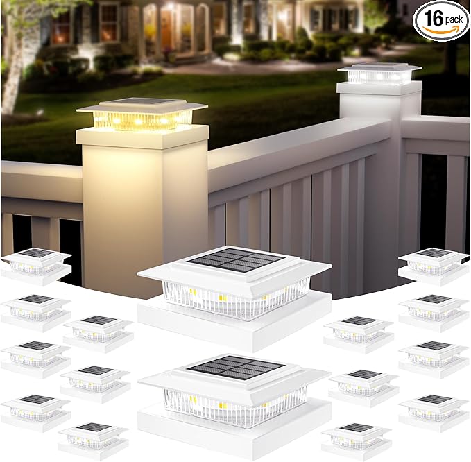 APONUO Solar Post Cap Lights for 4x4 5x5 Fence Posts IP64 Waterproof Outdoor LED Deck Lights with 2 Modes (Warm White &amp Cool White) Auto On/Off Dusk to Dawn Easy Install White 16 Pack