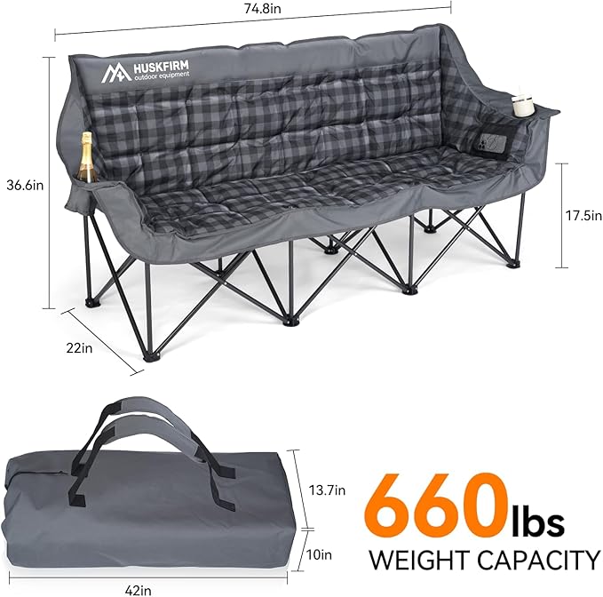3 Person Camping Chair Padded Loveseat Camping Chair Folding Camping Couch Portable Double Camping Chairs Heavy Duty Camp Chair for Adults Outdoor Lawn with Two Cup Holders and Carry Bag