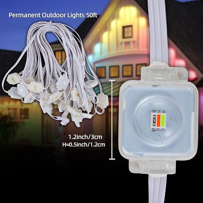 Permanent Outdoor Lights for House 50ft Waterproof RGB Eave Light IP67 String Lights with 30 LED App Remote RGB Under Eave Lighting for Garden Party Holiday Christmas Deco