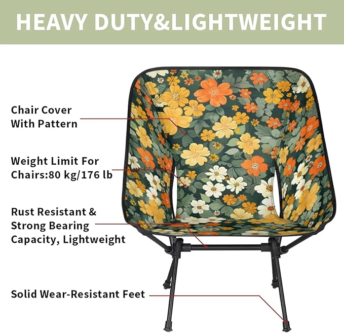 Flowers Green Portable Camping Chair Folding Chairs for Outside Lightweight Backpacking Chair Outdoor Collapsible Beach Chairs for Adults Fishing Lawn Picnic Travel Hiking