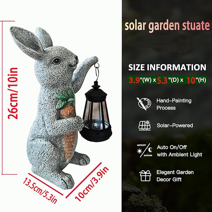 Garden Statues Rabbit Solar Lantern Outdoor Handmade Resin Statue Bunny with Cute Carrot for Patio YardMother's Day Gift Ideas (rabbit1)