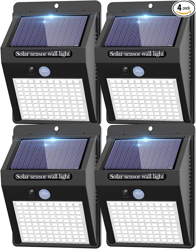 4 Pack Solar Motion Lights Outdoor 3 Modes/100LED Solar Security Wall Lights Outdoor Wireless IP65 Waterproof for Front Door Backyard Garage Deck