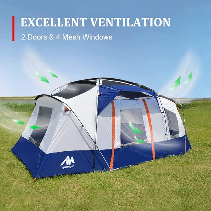8 Person Tent for Camping AYAMAYA Waterproof Multi Room Large Family Tents with Skylight &amp Removable Rainfly &amp4 Large Mesh Windows and Divided Curtain for Separated Room