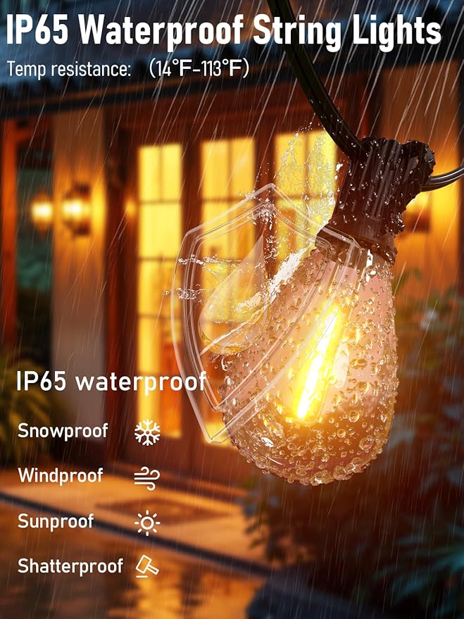 luckystyle 50FT LED Outdoor String Lights with Remote16+1 Shatterproof Bulbs Waterproof and Dimmable Patio Lights for Porch Garden Backyard Deck Balcony 2200K Hanging Lighting
