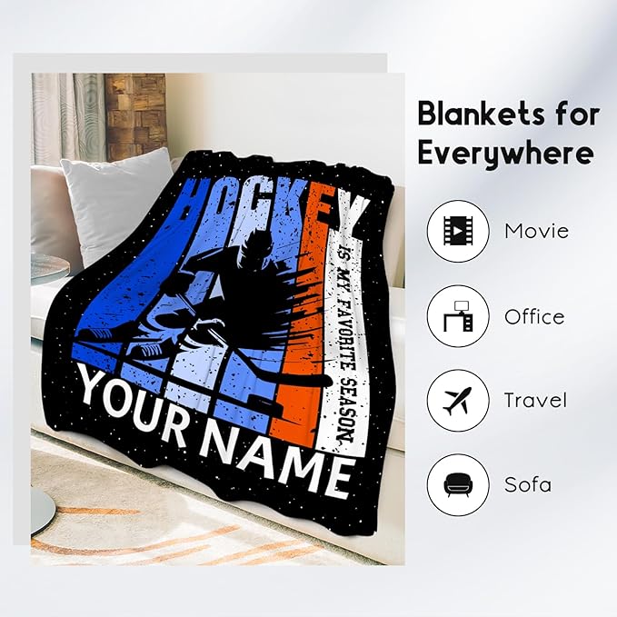 Custom Hockey Gifts for Boys Personalized Hockey Blanket for Kids Men Adults 60x80 Fleece Soft Cozy Sport Throw Blankets for Couch Sofa Team Gifts for Players Adults