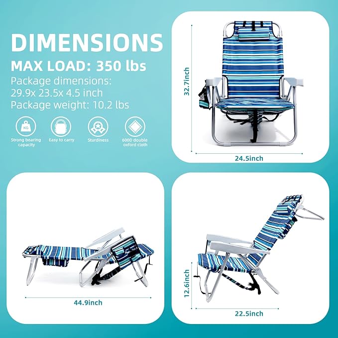 Beach Chairs for Adults Heavy Duty Compact Portable Lay Flat Folding Chair with Backpack Straps and Large Cooler Pouch Support to 350LBS (Stripes_Blue&ampCyan)