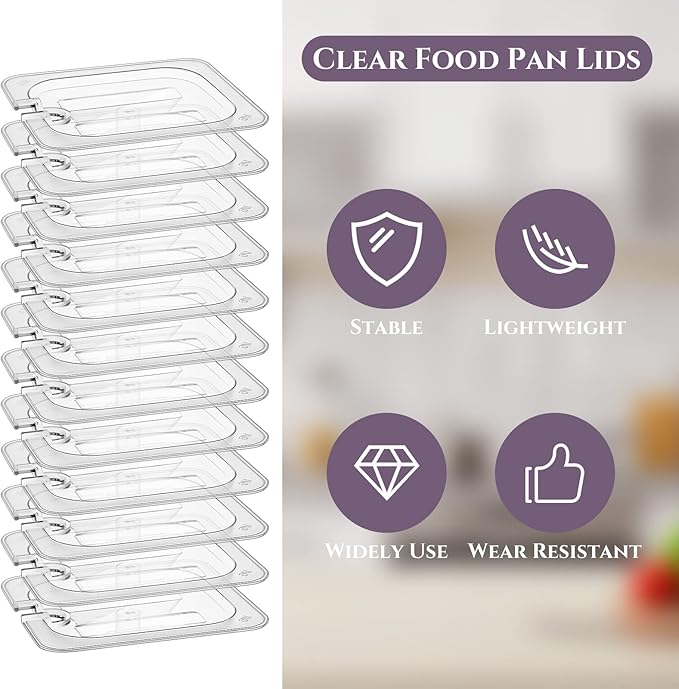 12 Pcs 1/6 Size Food Pan Lid Polycarbonate Universal Handled Food Pan Lid for Commercial Hotel Catering Buffets Restaurants