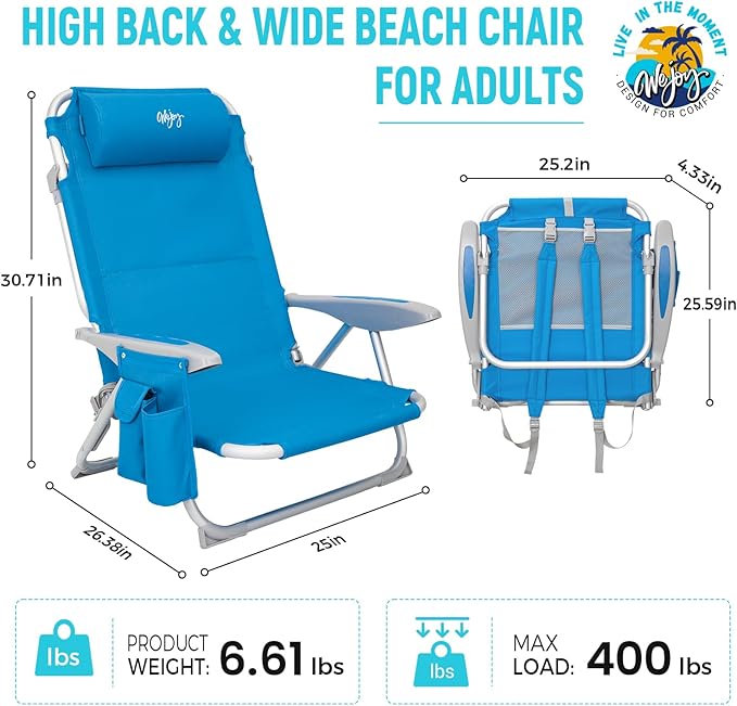 #WEJOY Beach Chair for Adults Reclining Adjustable Position Lay Flat Lightweight Folding Portable Aluminum Chair with Backpack StrapsPadded headrest Heavy Duty 400 lbs Lawn Chair for Beach Sand